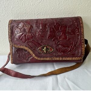 Vintage Hand tooled Leather Reversible Color Maroon Brown Crossbody Bag Western